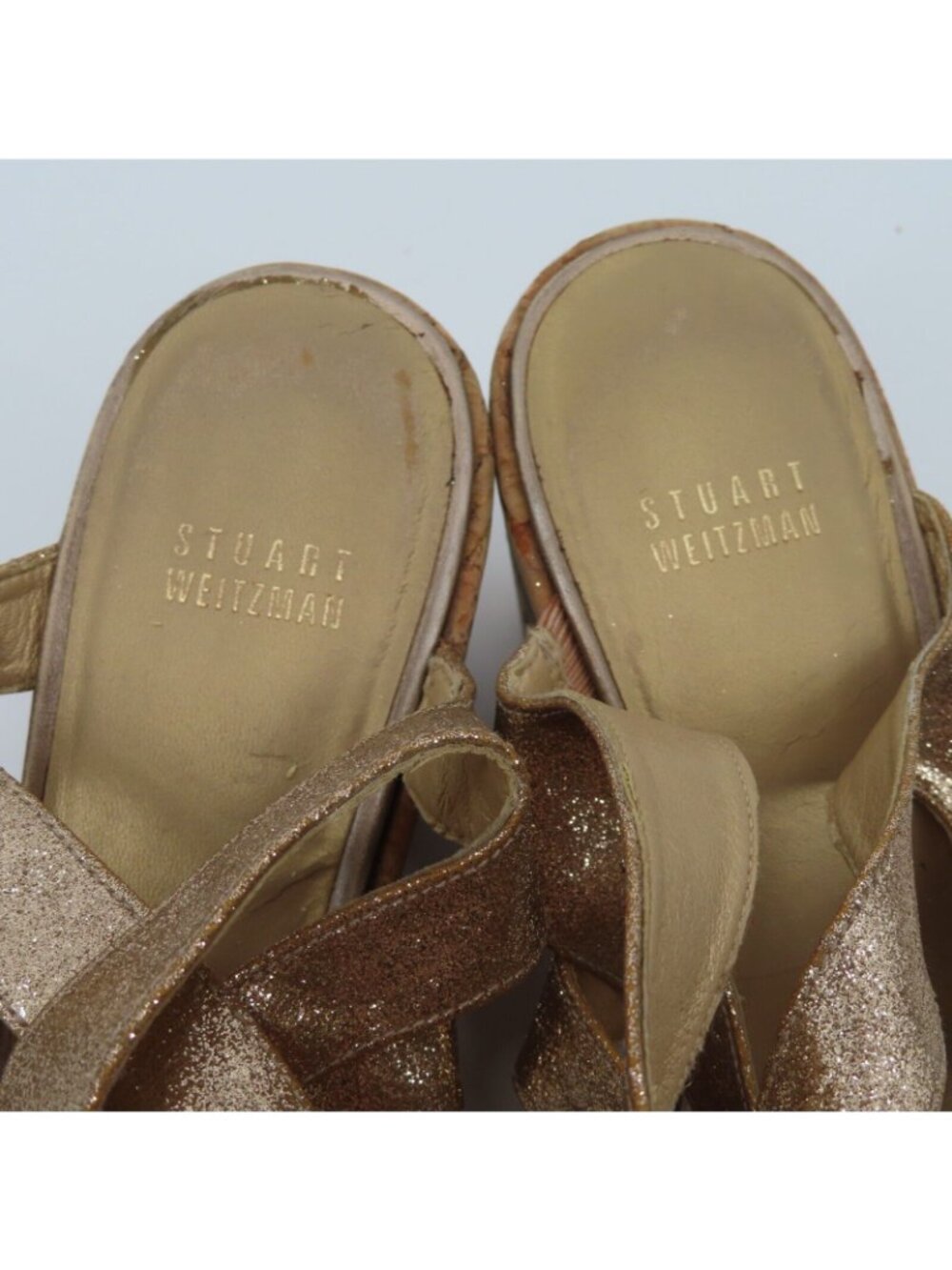 Stuart Weitzman Women 9M Gold Glitter Cork Platform Wedge Sandals Strappy Shoes - Picture 10 of 13